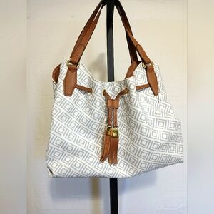 Liz Claiborne Geometric Patterned White, Brown and Gray Shoulder Bag